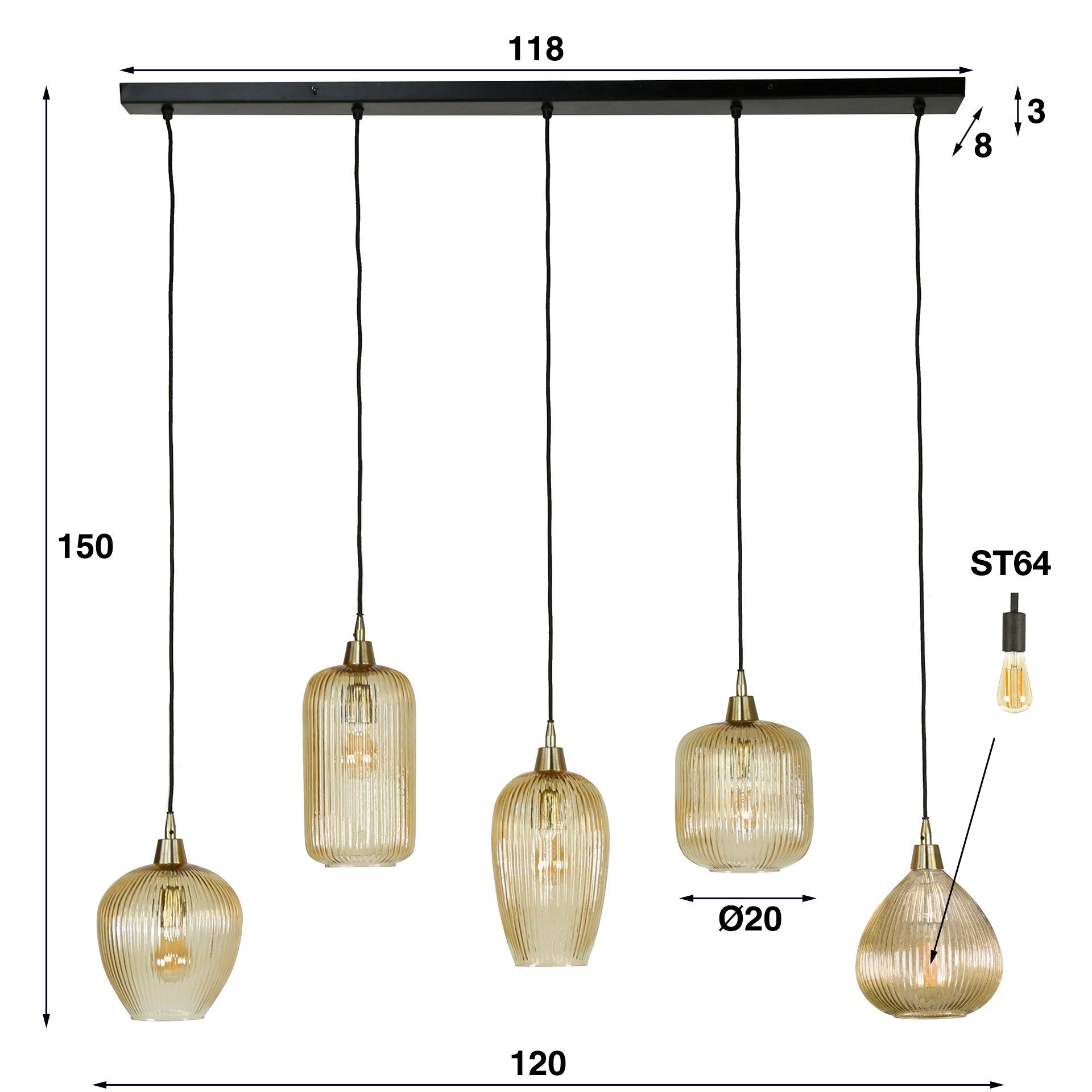 Hanglamp Amberglas - 5 verstelbare kappen