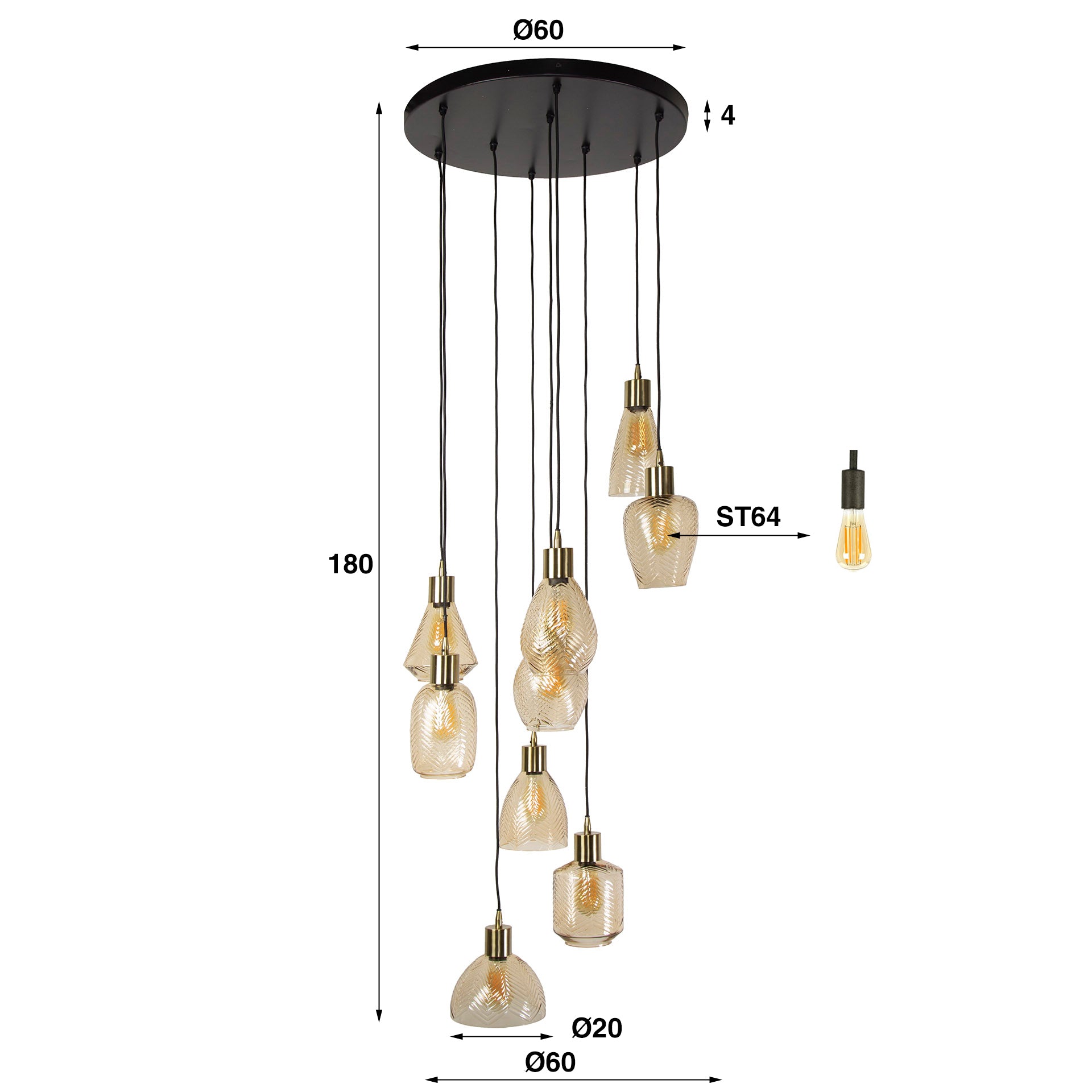 Hanglamp 9L amberglas verstelbaar