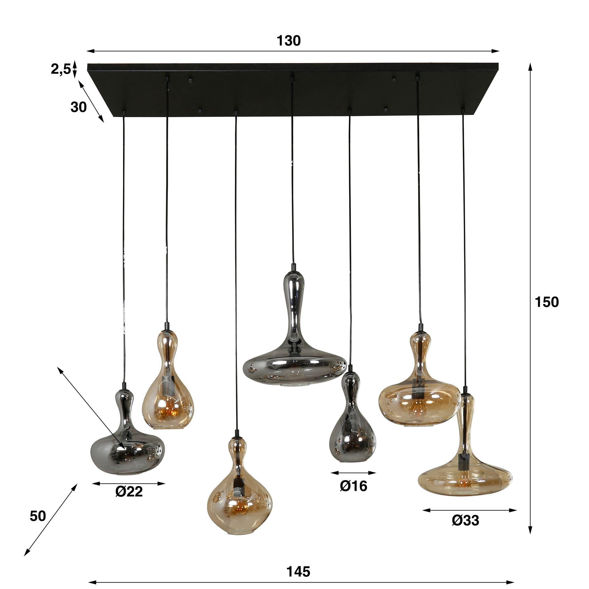Hanglamp Karaf - 7 Lampenkappen