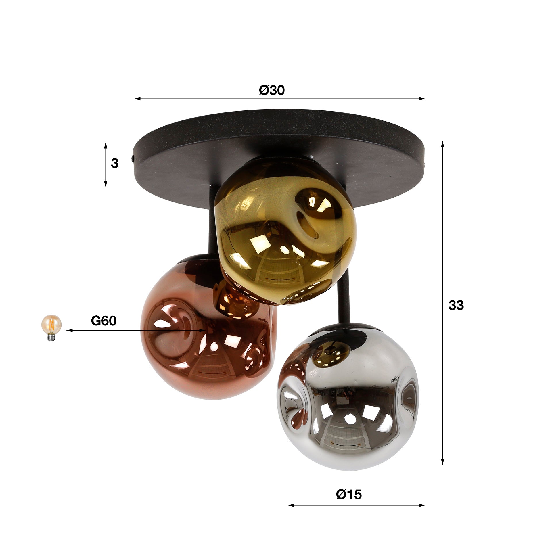 Plafondlamp met Drie Glazen Kappen