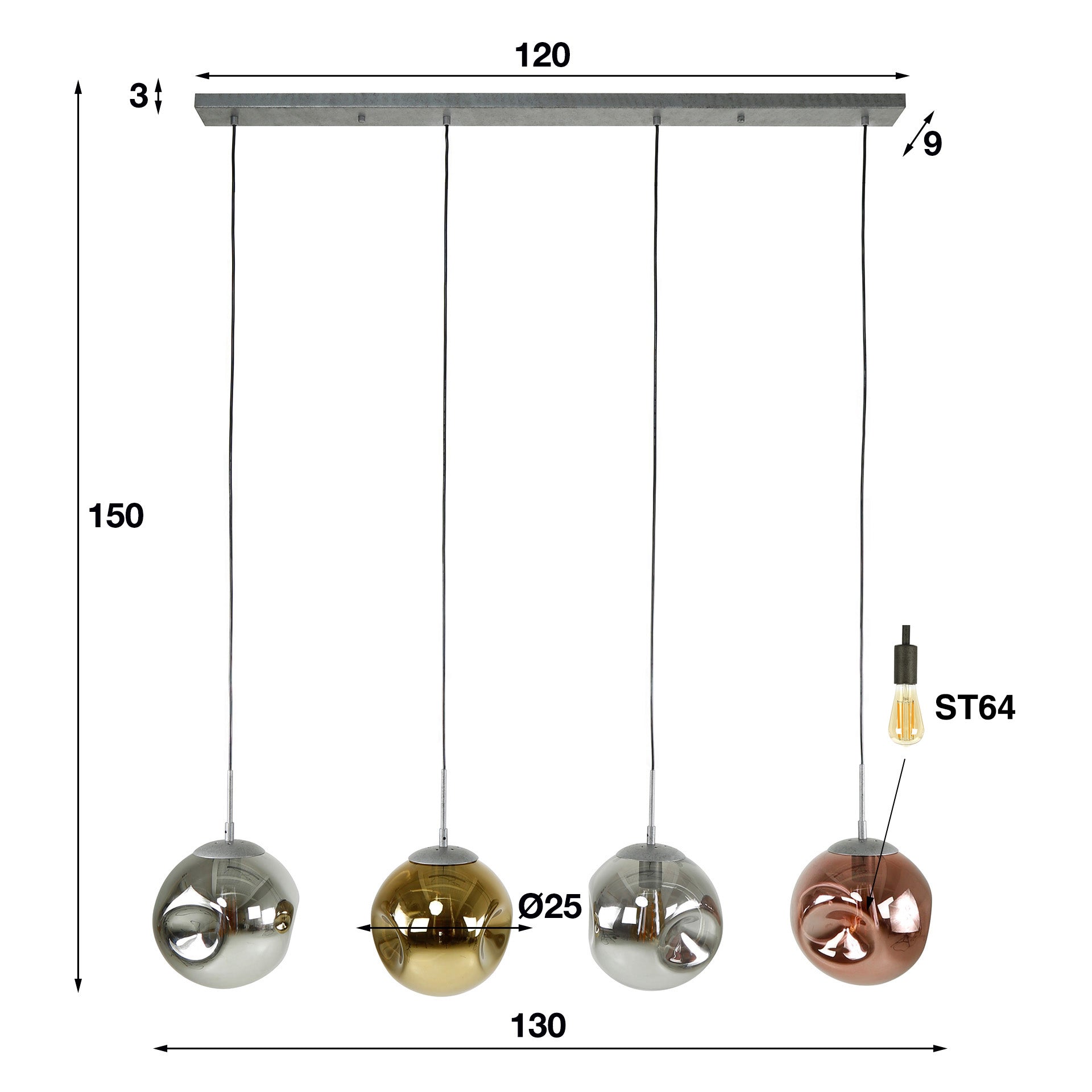 Hanglamp met 4 glazen lampenkappen