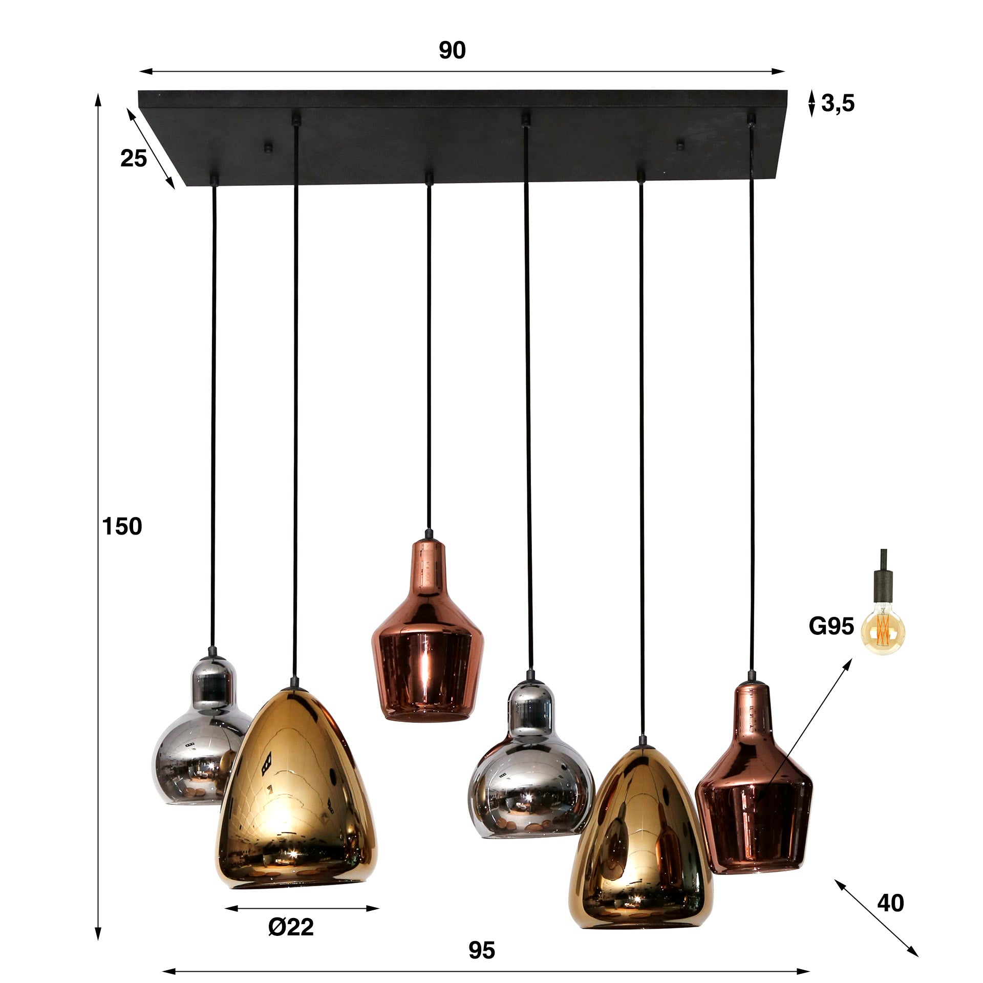 Hanglamp Mix Glass Tricolore 6-Lichts