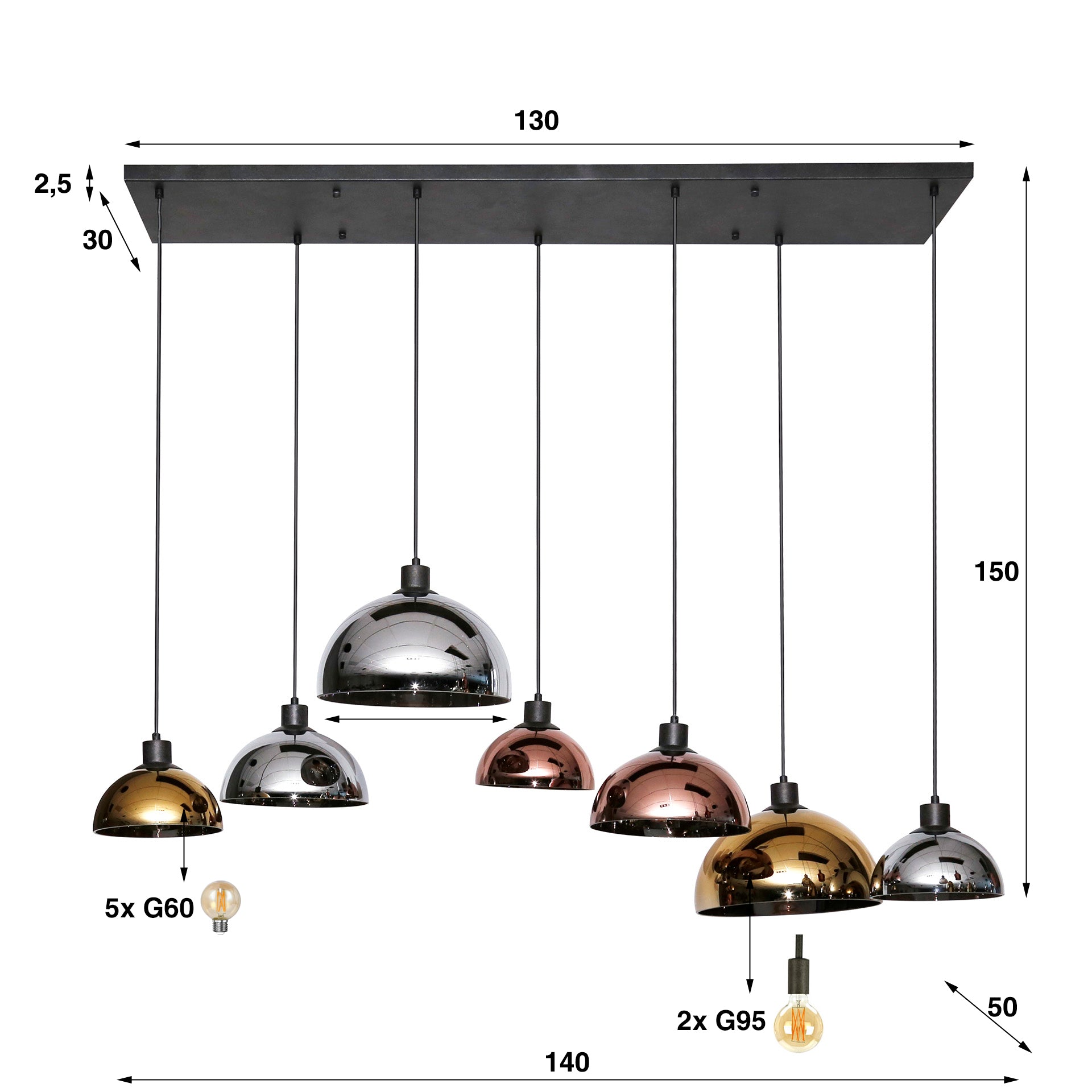 Hanglamp 7L koper-chroom-goud
