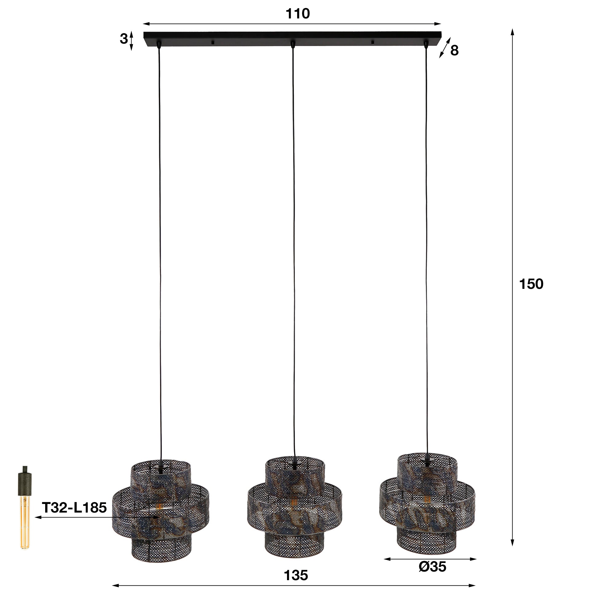 Hanglamp Burned - 3 lampenkappen