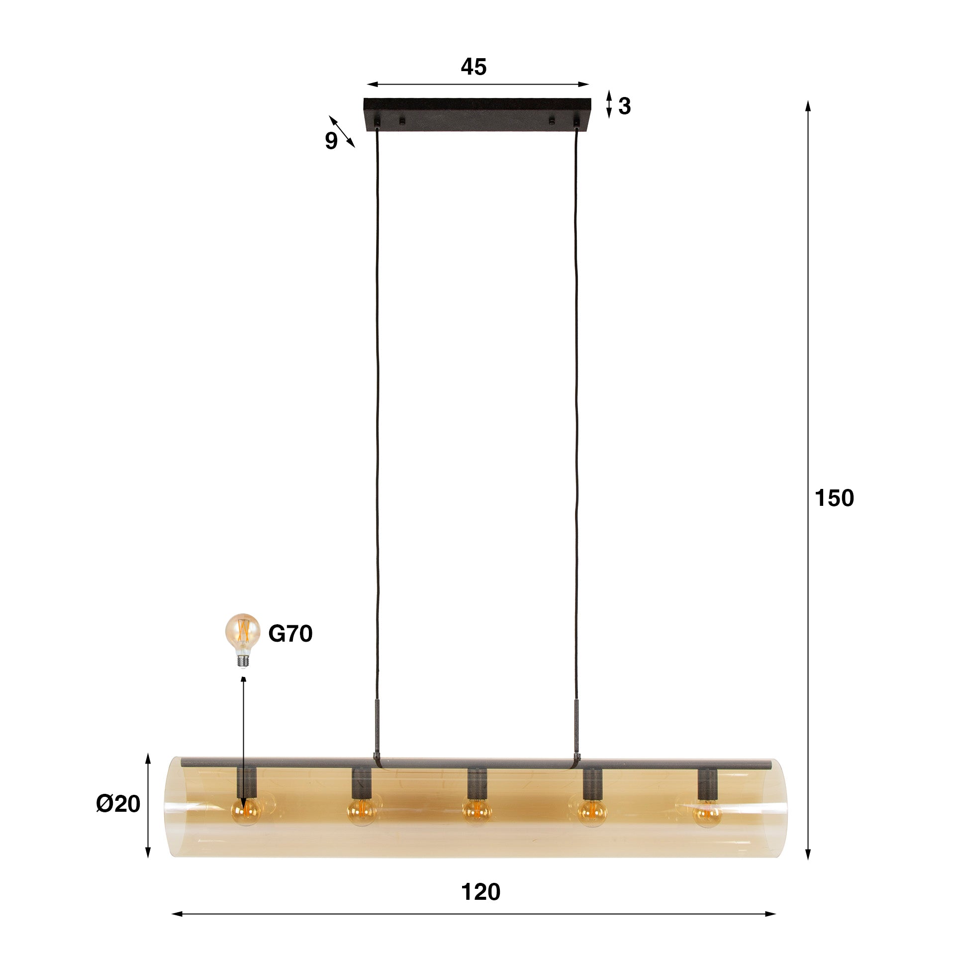 Hanglamp 5L Glazen Buizen Amber