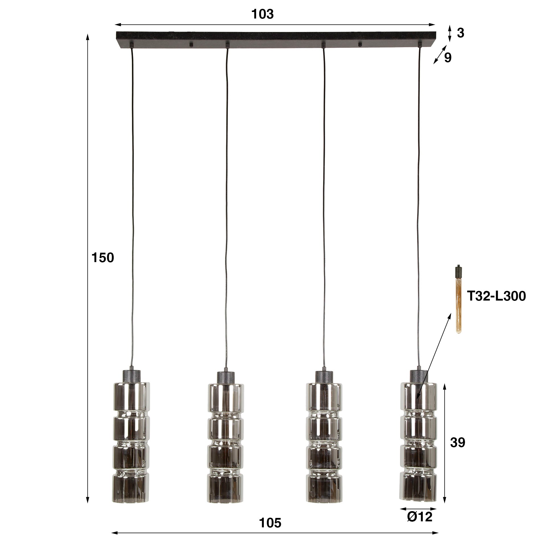 Hanglamp met 4 cilindervormige glazen kappen