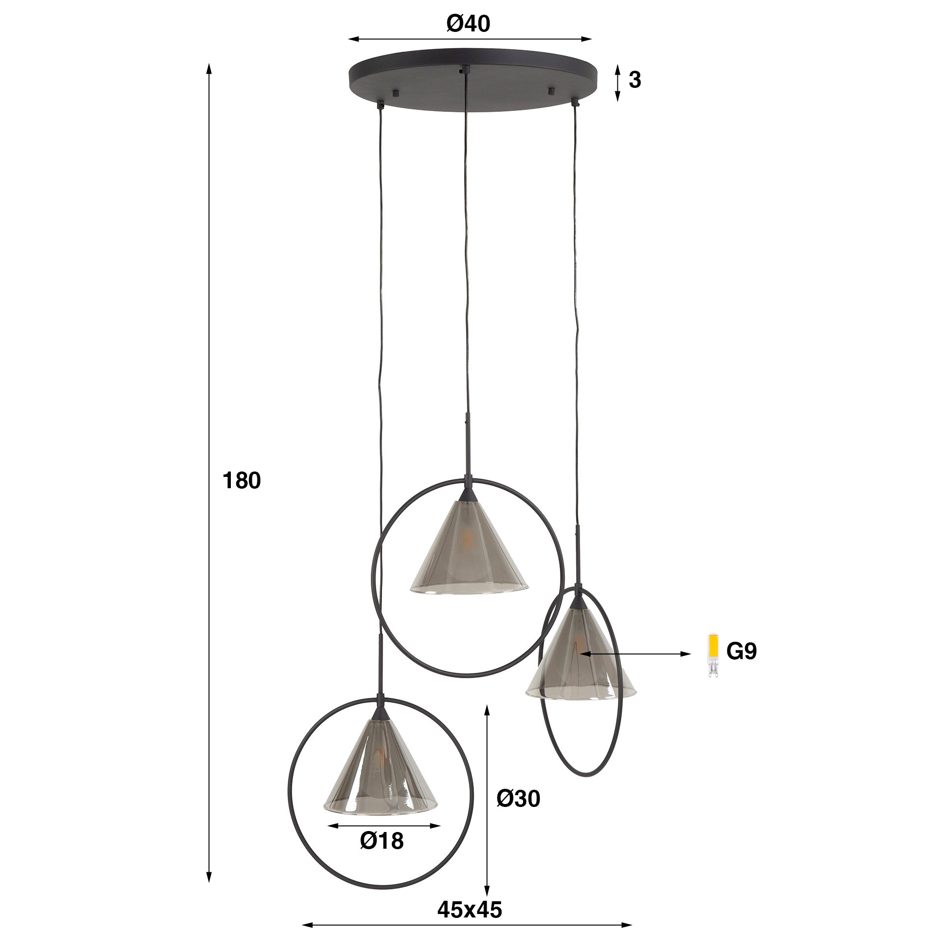 Hanglamp met 3 Ringen Smoke Grey