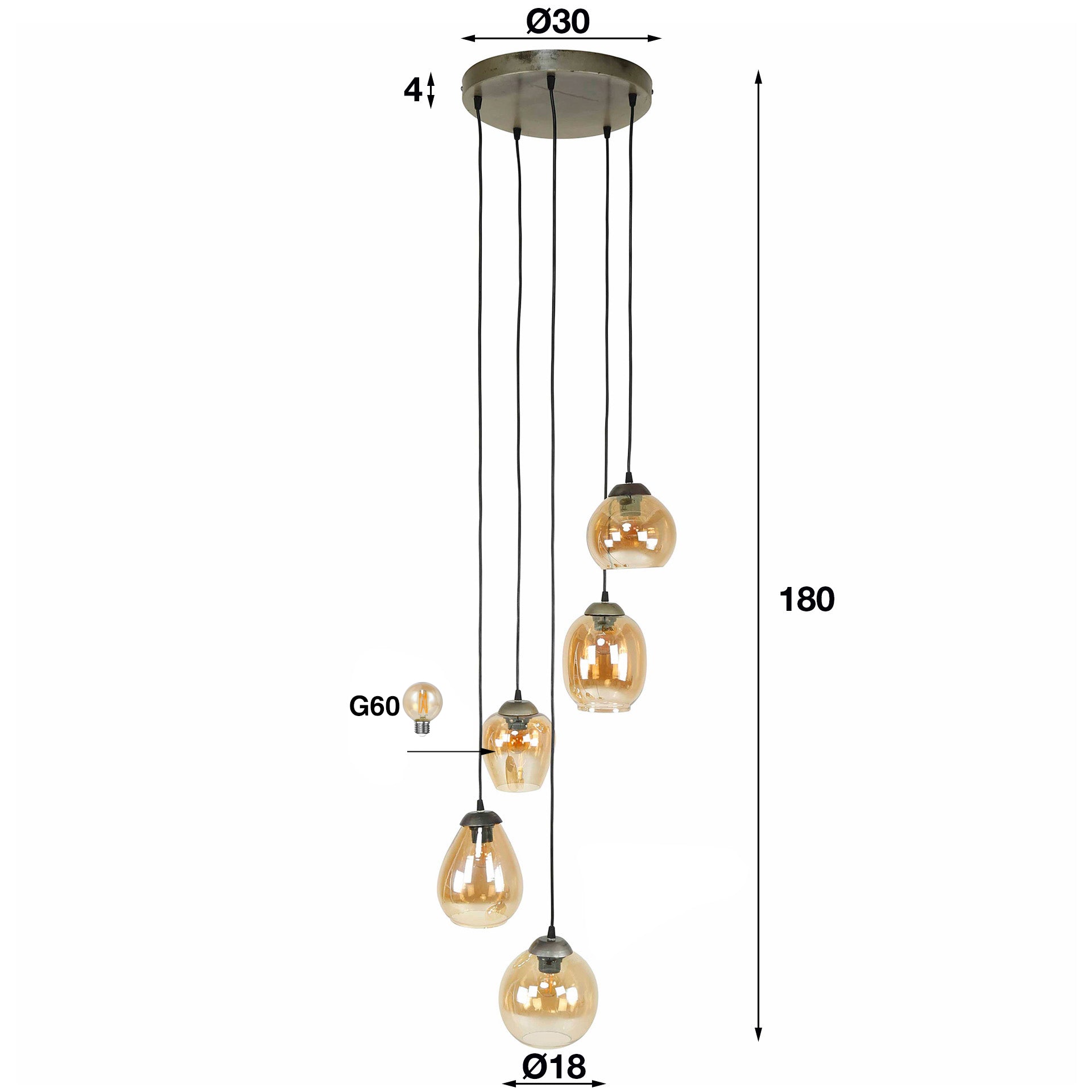 Hanglamp 5L amberglas verstelbaar