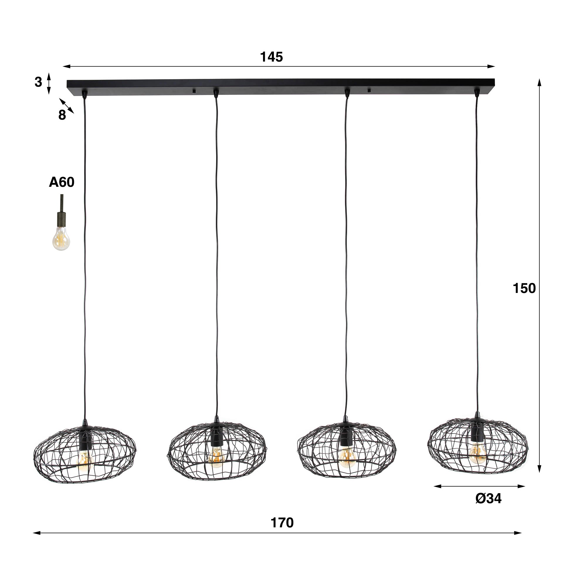 Hanglamp 4L zwartbruin