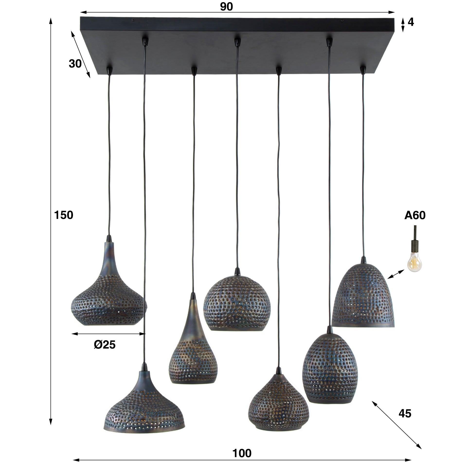 Hanglamp 7L met verstelbare lampenkappen