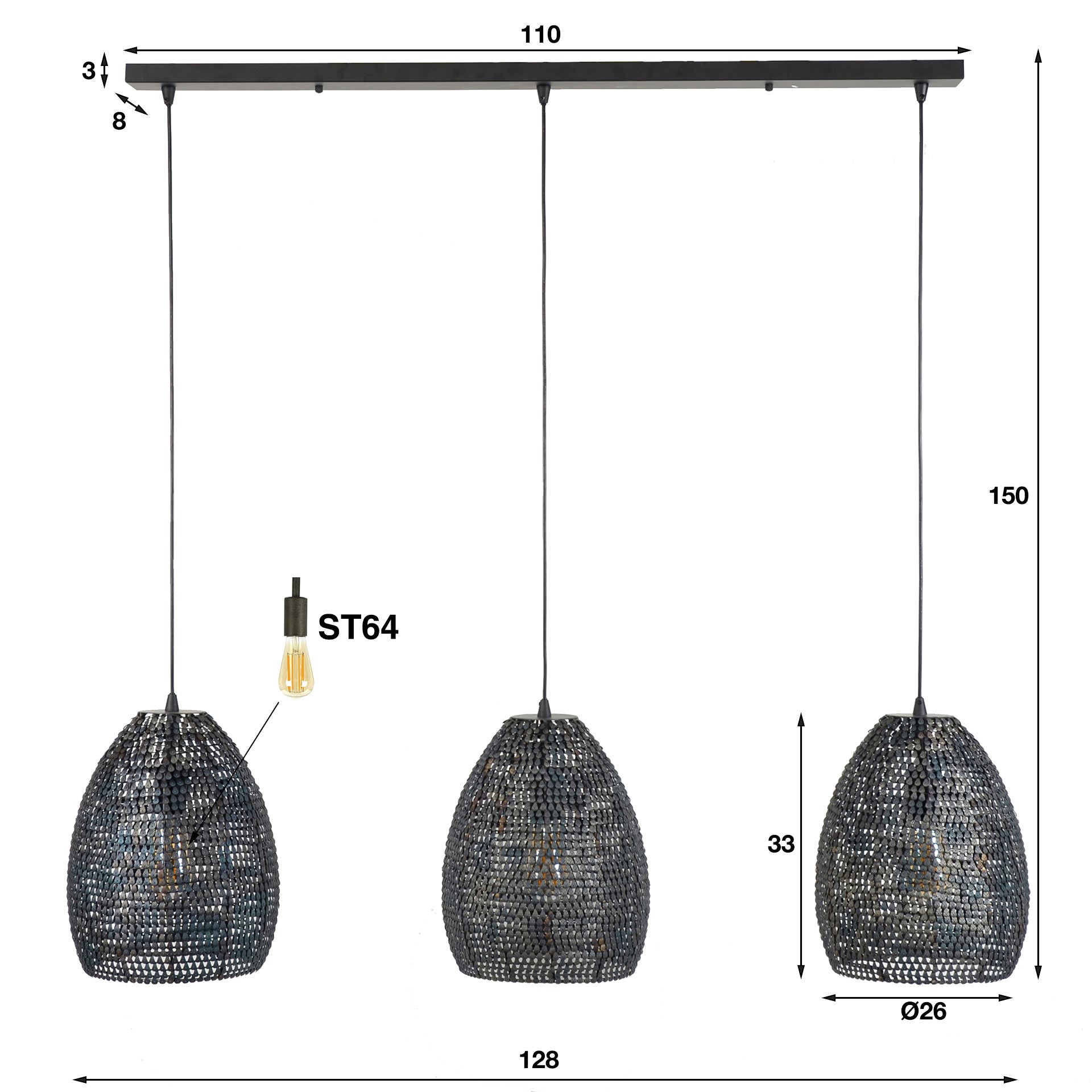 Hanglamp - 3 ovale kappen - Verstelbaar
