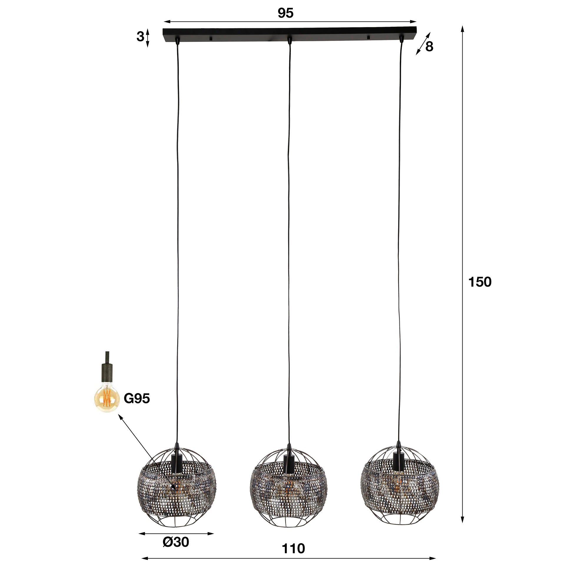 Hanglamp 3L burned zwartbruin