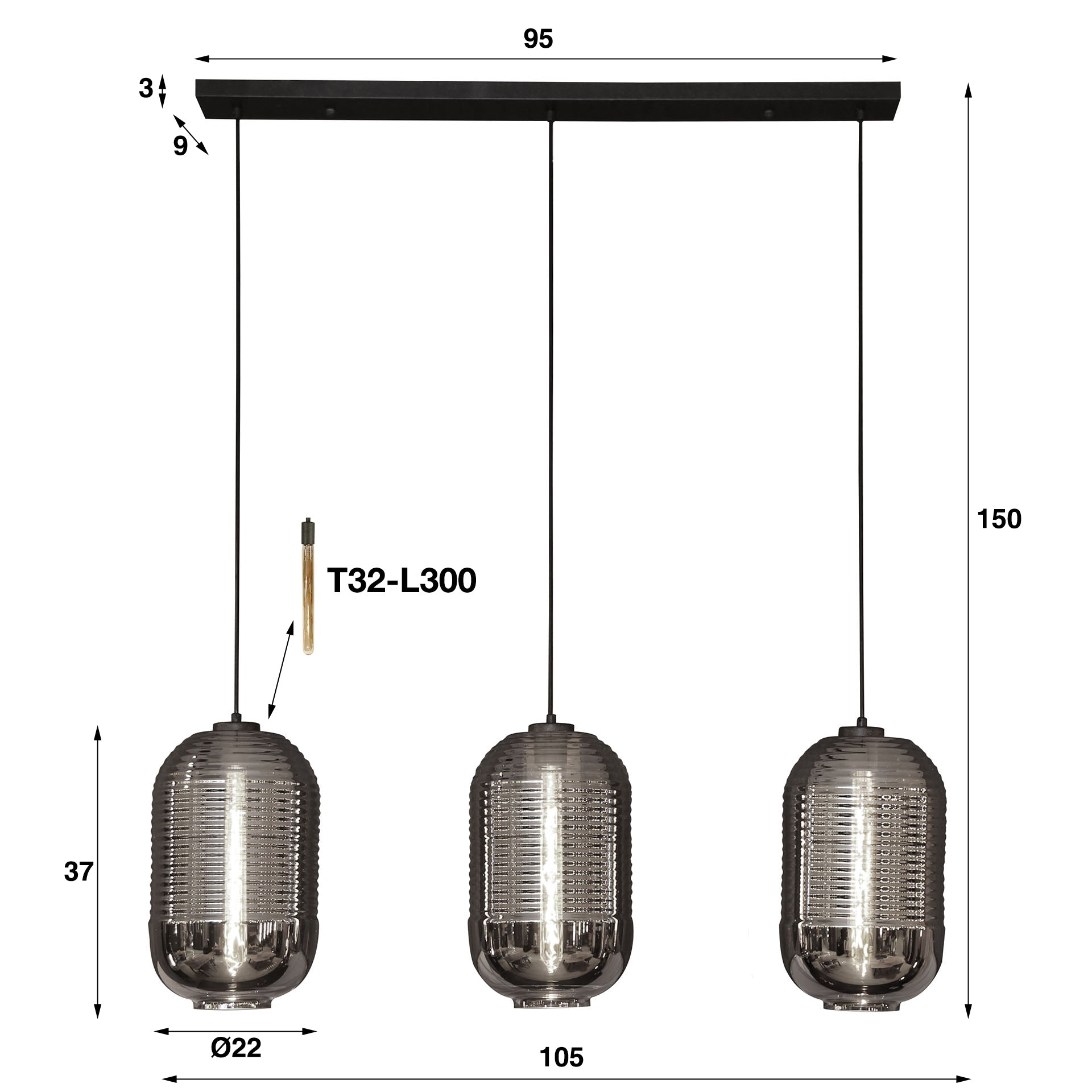 Hanglamp 3L Chroomglas
